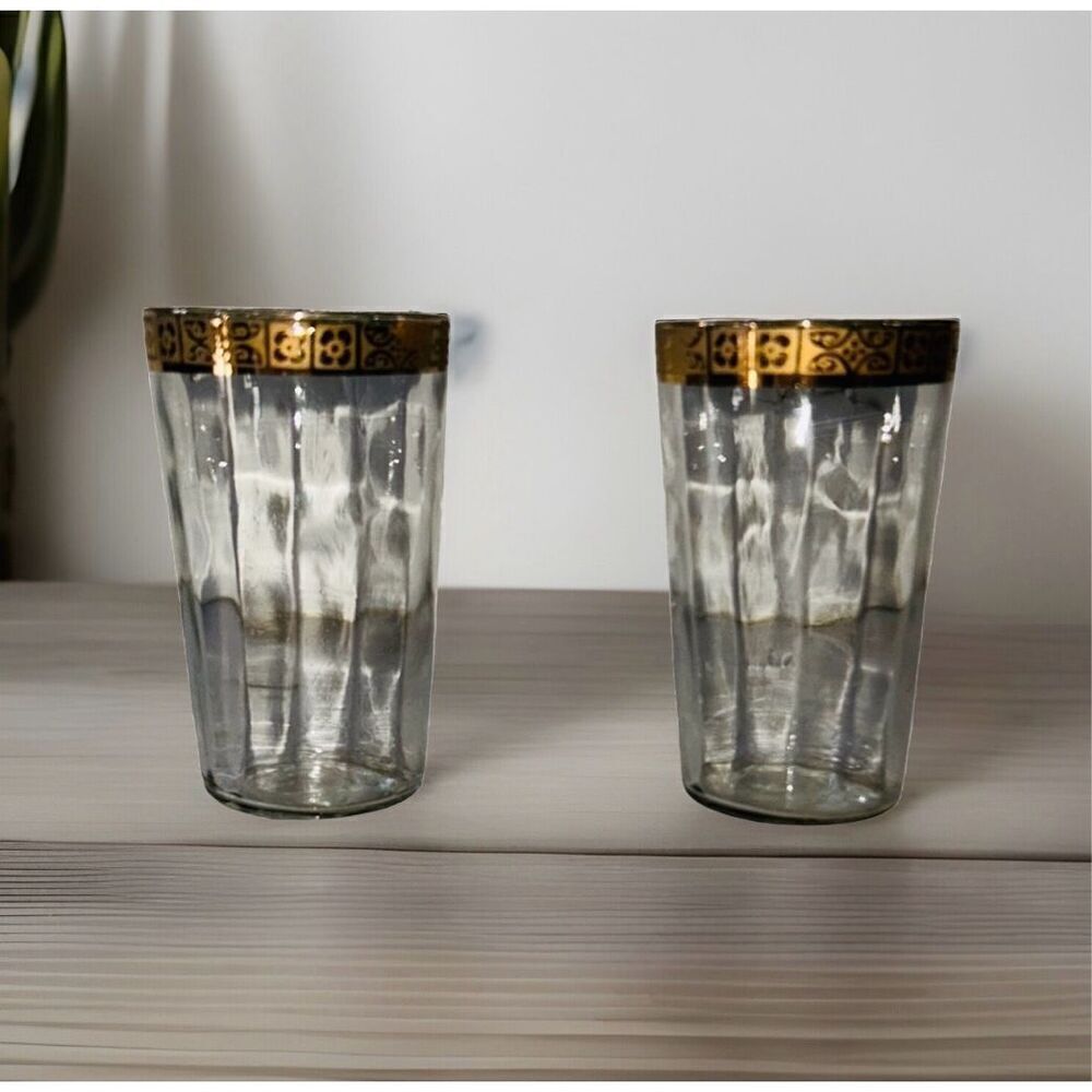 Set of 2 Glass Mini Cup / Shot Glasses w/ Gold Rim